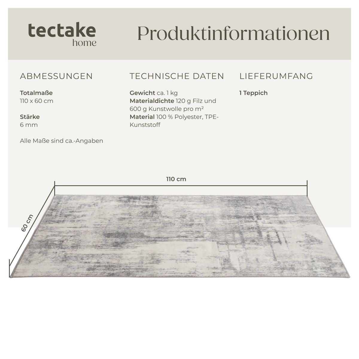 TEPPICH Vintage Design Nadira,rutschfeste Unterseite,beige/grau - Beige/Grau, Kunststoff (60/110cm) - tectake