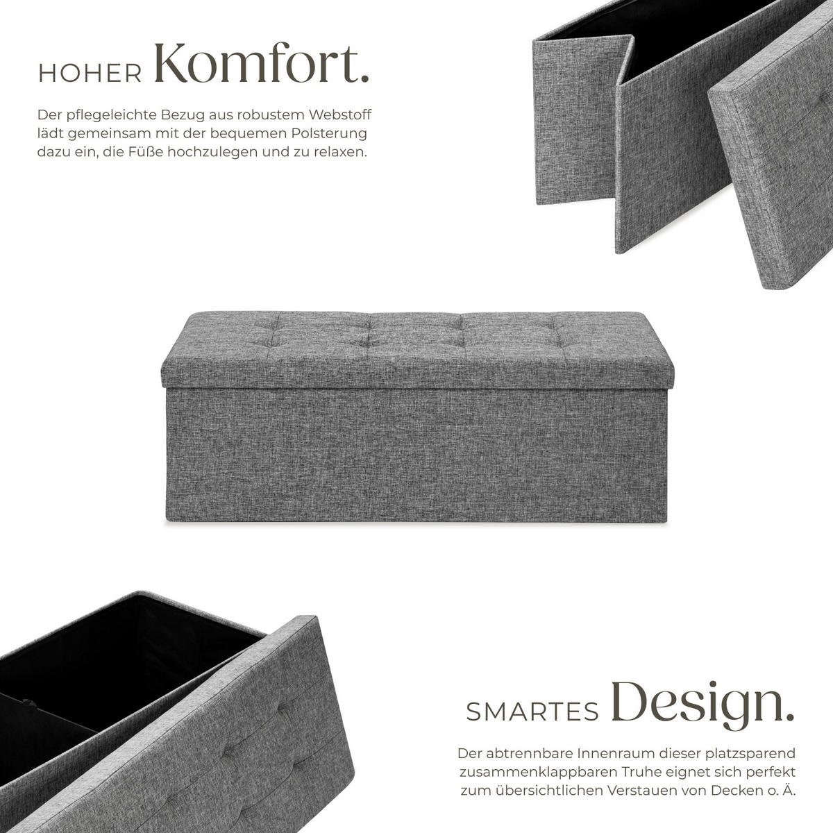 SITZHOCKER mit Stauraum, 110 x 38 x 38 cm,hellgrau - Hellgrau, Textil (38/38/110cm) - tectake