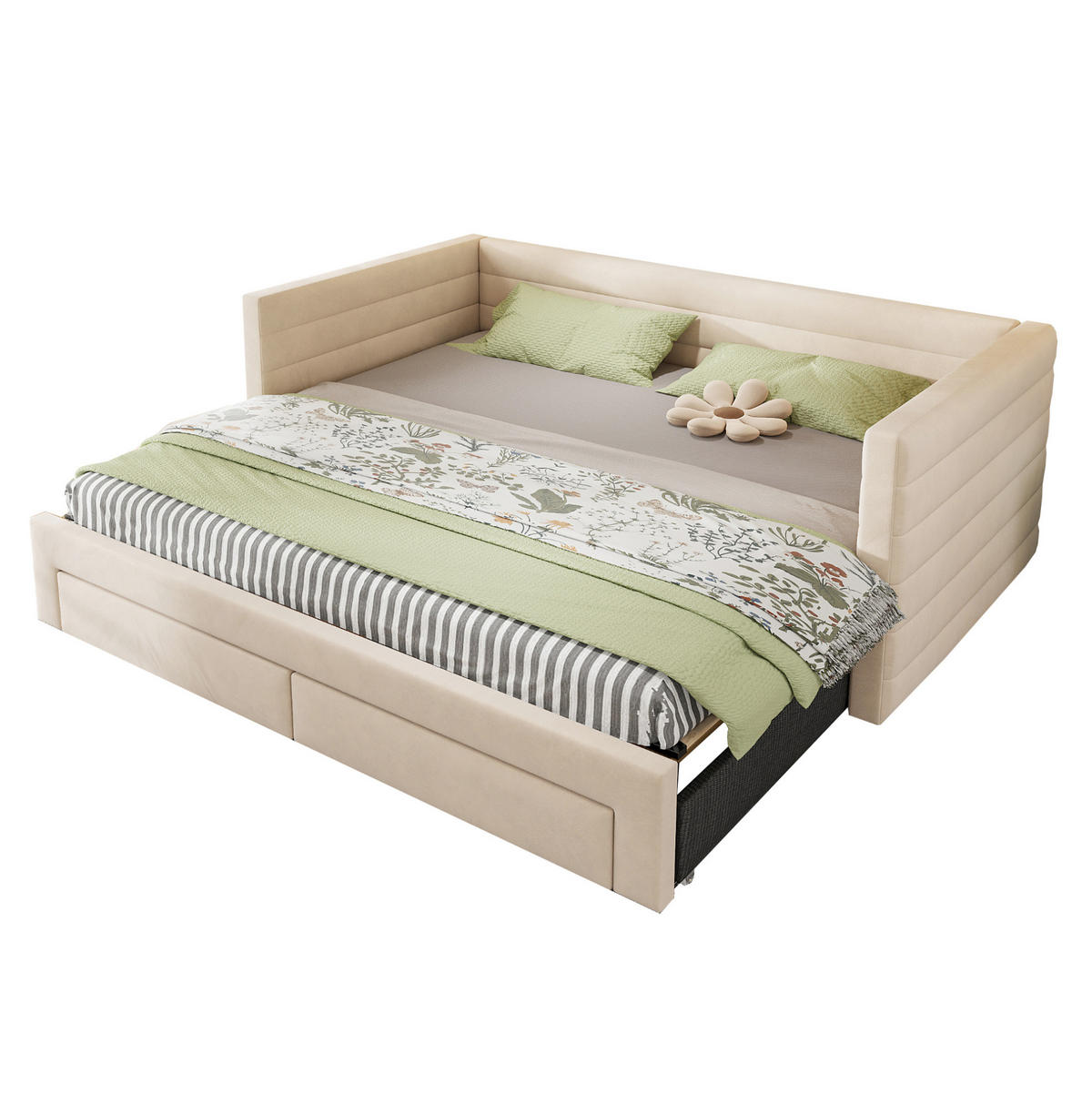 TAPECIRANI krevet od pamuka i lana 90x190 cm bež s izvlačnim ležajem i 2 ladice - bež, tekstil (90/190cm) - Modfu