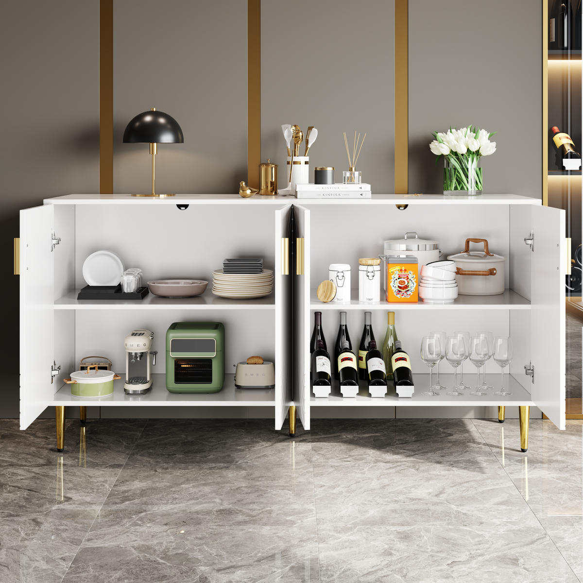 SIDEBOARD in Weiß Anrichte mit einzigartigem Wellendesign und goldenen Griffen für Wohnzimmer, B152/T40/H75 cm - Goldfarben/Weiß, Holzwerkstoff/Metall (152/75/40cm) - STILVORA