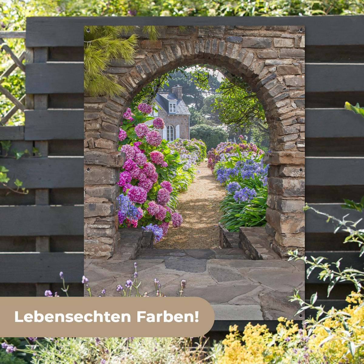 ZAHRADNÍ PLAKÁT Květiny - pohled - hortenzie - léto 120x160 cm - hnědá, plast (120/160/0.2cm) - OnlyWow
