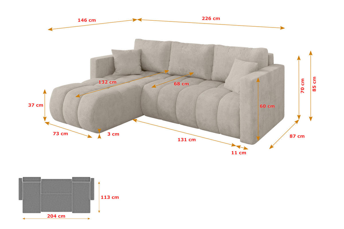 ROHOVÁ SEDAČKA s funkcí spaní, otoman vlevo GARD-L 226x146x85 krémová manšestr - černá/krémová, kompozitní dřevo/textil (226/146cm) - ALTDECOR
