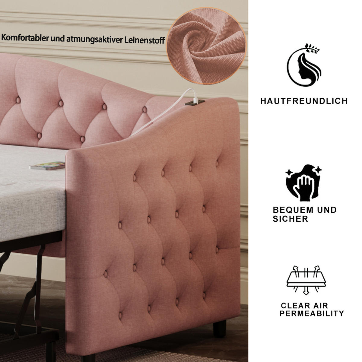 SCHLAFSOFA 90/200 cm in Rosa Leinen mit USB und Ausziehfunktion - Rosa, Holzwerkstoff/Textil (90/200cm) - WISHDOR