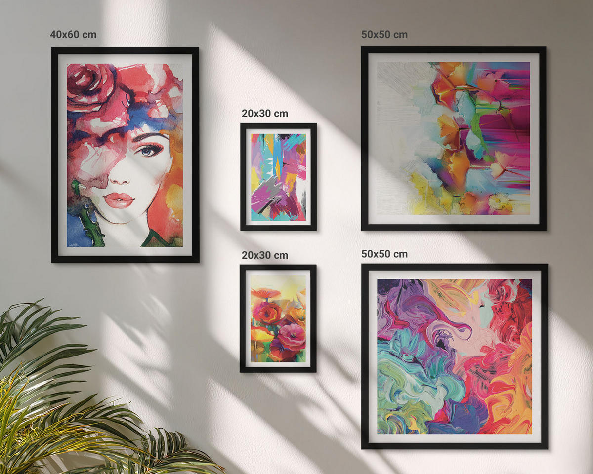 BILDER SET 5er Set - 50x50 cm & 20x30 cm & 40x60 cm Schwarzer Rahmen - Farbenfrohe Abstraktionen der Form - Schwarz, Kunststoff (40/60cm) - TULUP