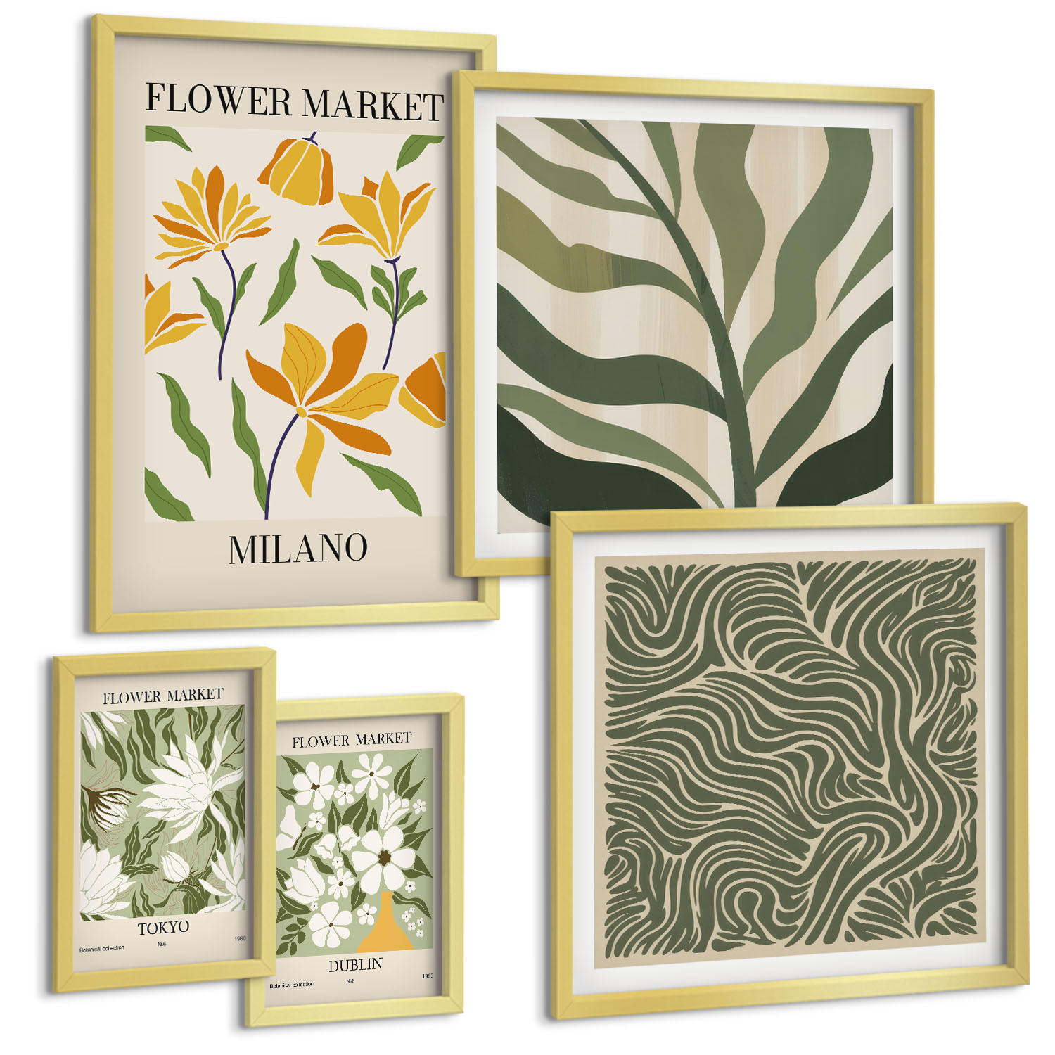 BILDER SET 5er Set - 50x50 cm & 20x30 cm & 40x60 cm Goldrahmen - Pflanzenmuster, Boho-Dekorationen - Goldfarben, Kunststoff (40/60cm) - TULUP