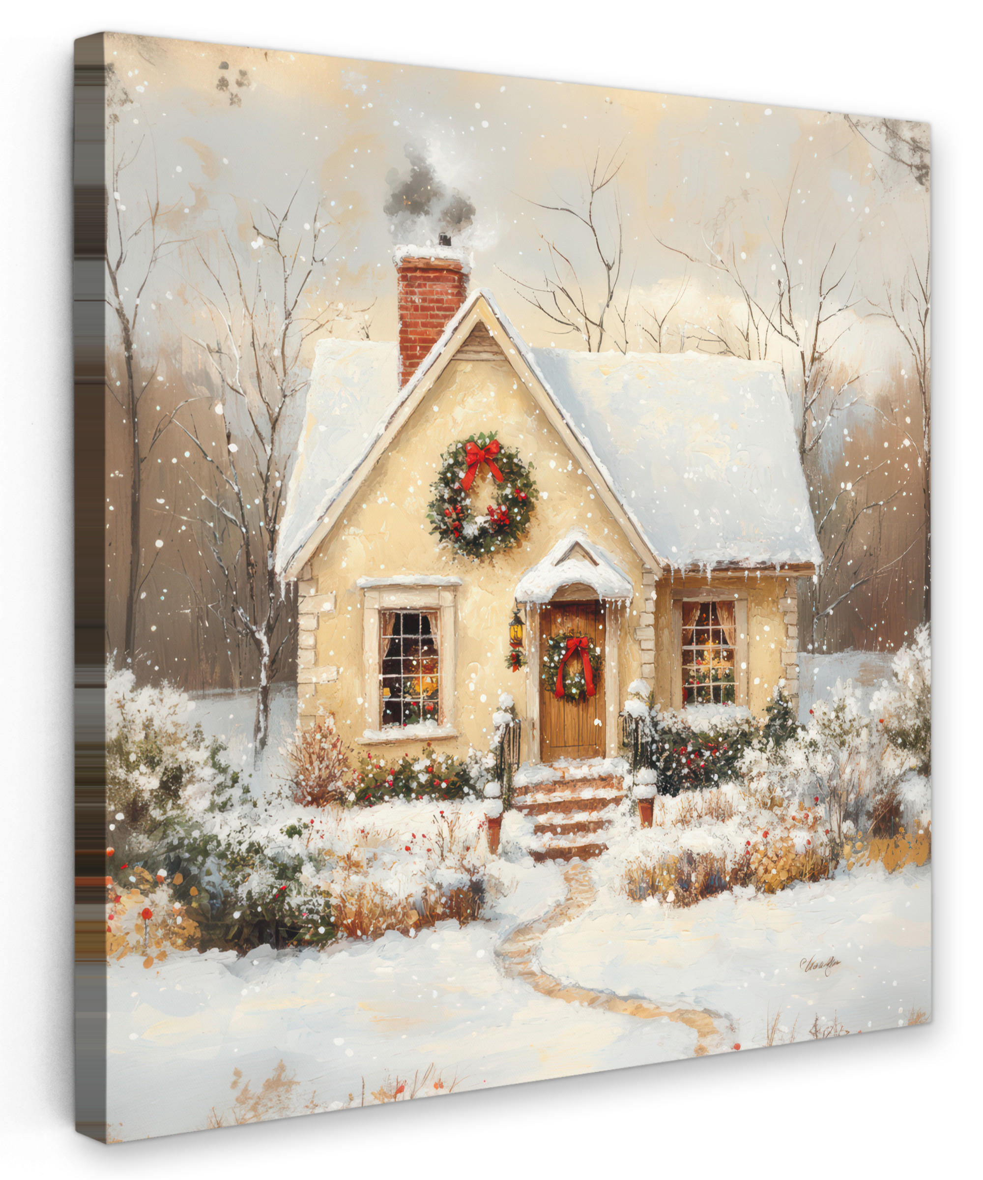 LEINWANDBILD Weihnachten - Zuhause - Winter - Schnee 90x90 cm - Creme, Textil (90/90cm) - MuchoWow