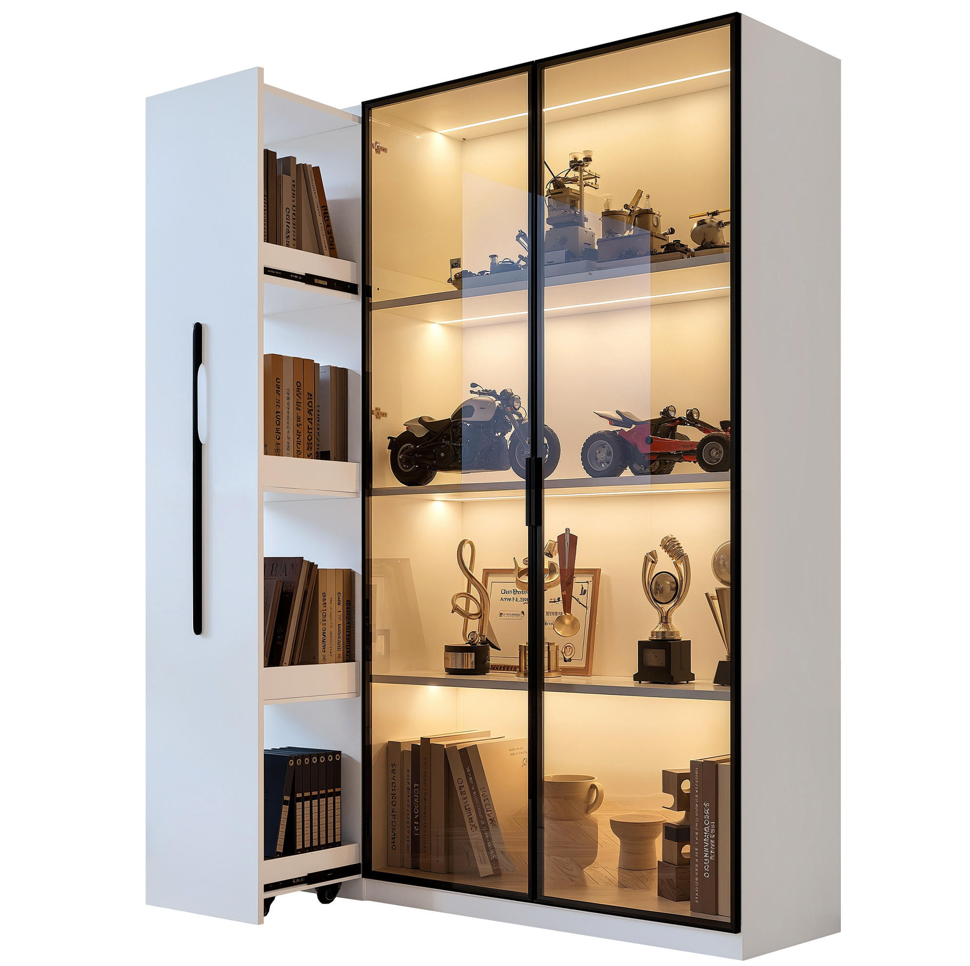 HIGHBOARD mit LED-Beleuchtung 110,5/35/160 cm in Weiß mit Glaseinsatz - Weiß, Holzwerkstoff (110.5/160/35cm) - BEAOK