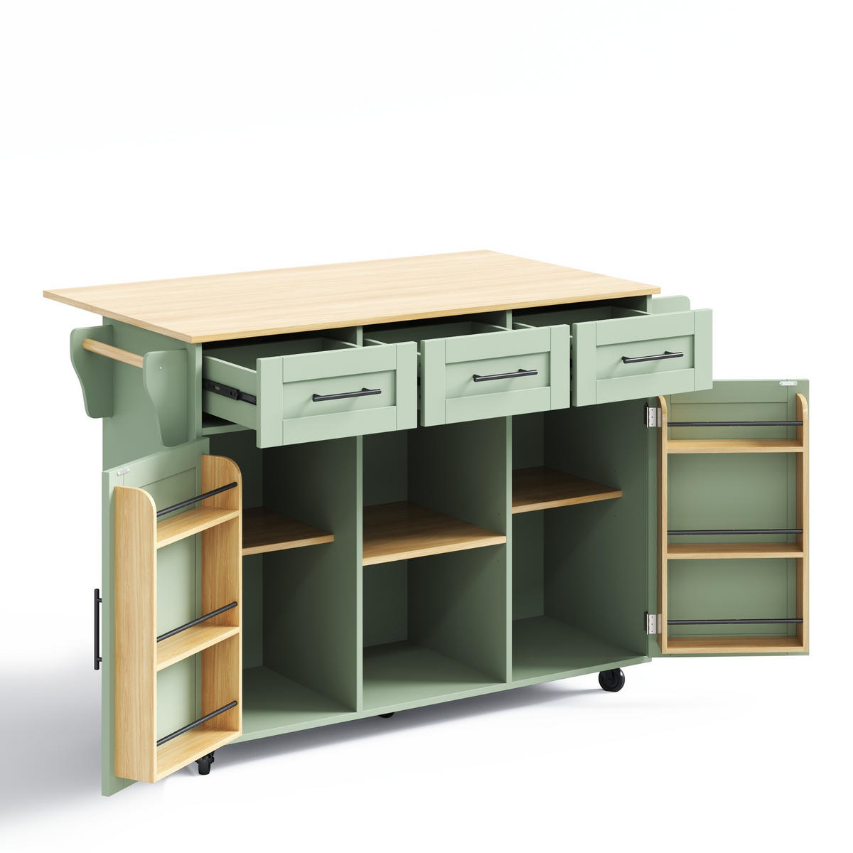 KÜCHENINSEL 139 cm MDF Antikgrün mit Holzoptik Arbeitsplatte und Rollen - Pastellgrün, Holzwerkstoff (46/91.5/139cm) - Korfee