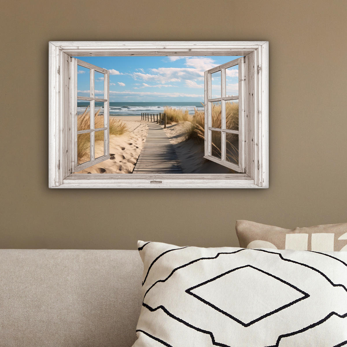 LEINWANDBILD Fenster - Meer - Küste - Natur - Ausblick - Strand - Wattenmeer 30x20 cm - Beige, Textil (30/20cm) - MuchoWow