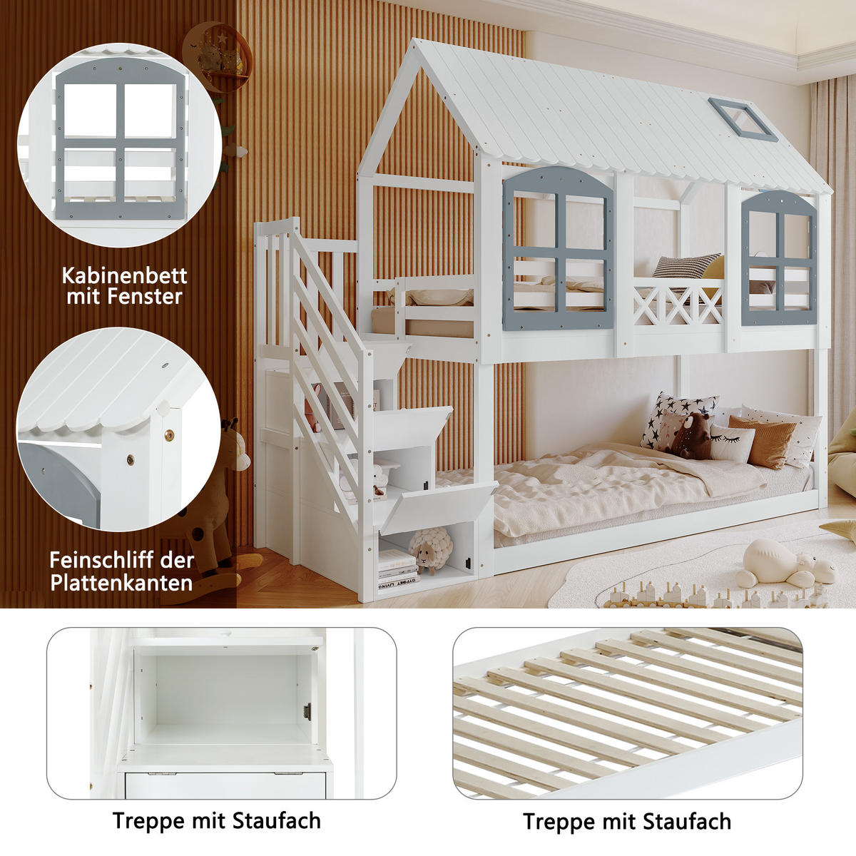 ETAGENBETT Kinder 90x200 Weiß+Grau mit Dach, Fenster und Stauraumtreppe - Weiß, Holz (90/200cm) - ComfortXL