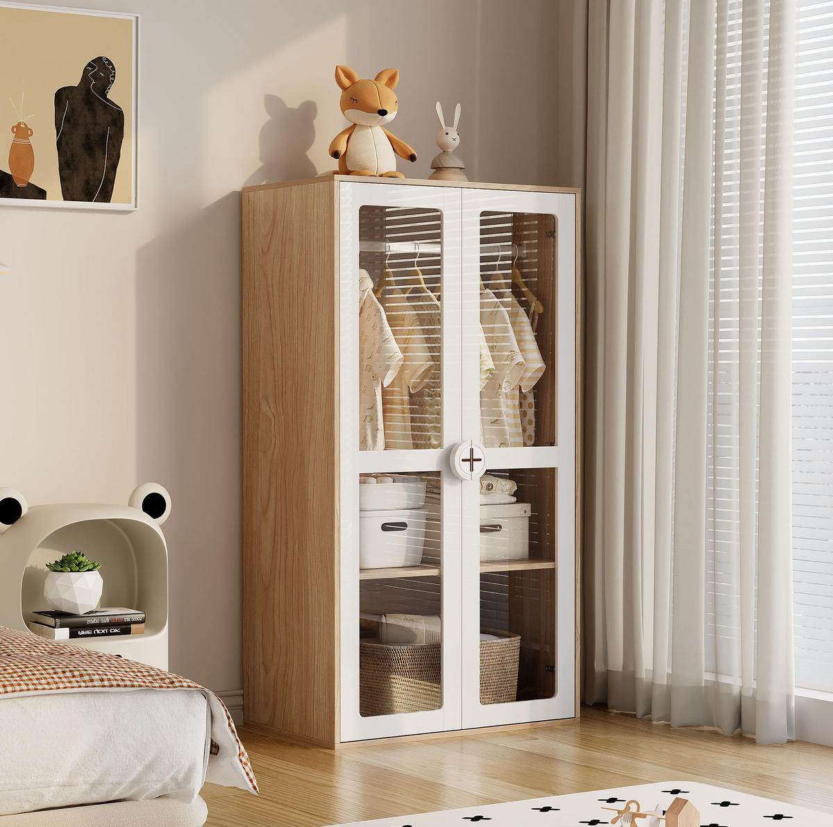 KINDERKLEIDERSCHRANK 2-TEILIG in Weiß und Naturfarben mit Bügelstange für Schlafzimmer, B160/T50/H150 cm - Transparent/Weiß, Holzwerkstoff/Kunststoff (80/150/50cm) - STILVORA