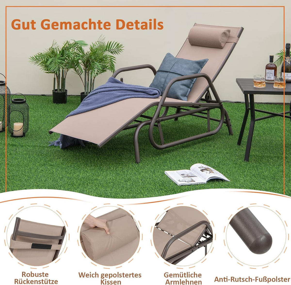 SONNENLIEGEN Braun - Braun, Metall (70/101/152cm) - COSTWAY