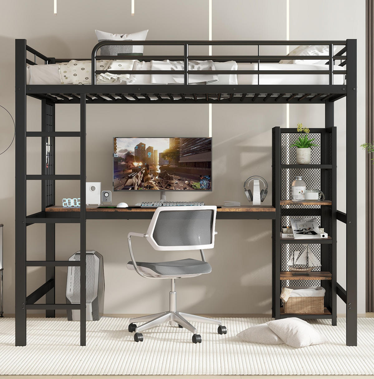HOCHBETT aus Metall und MDF 90x200 cm Schwarz-Dunkelholz mit Schreibtisch und Regal - Schwarz, Holzwerkstoff (90/200cm) - IVMEU