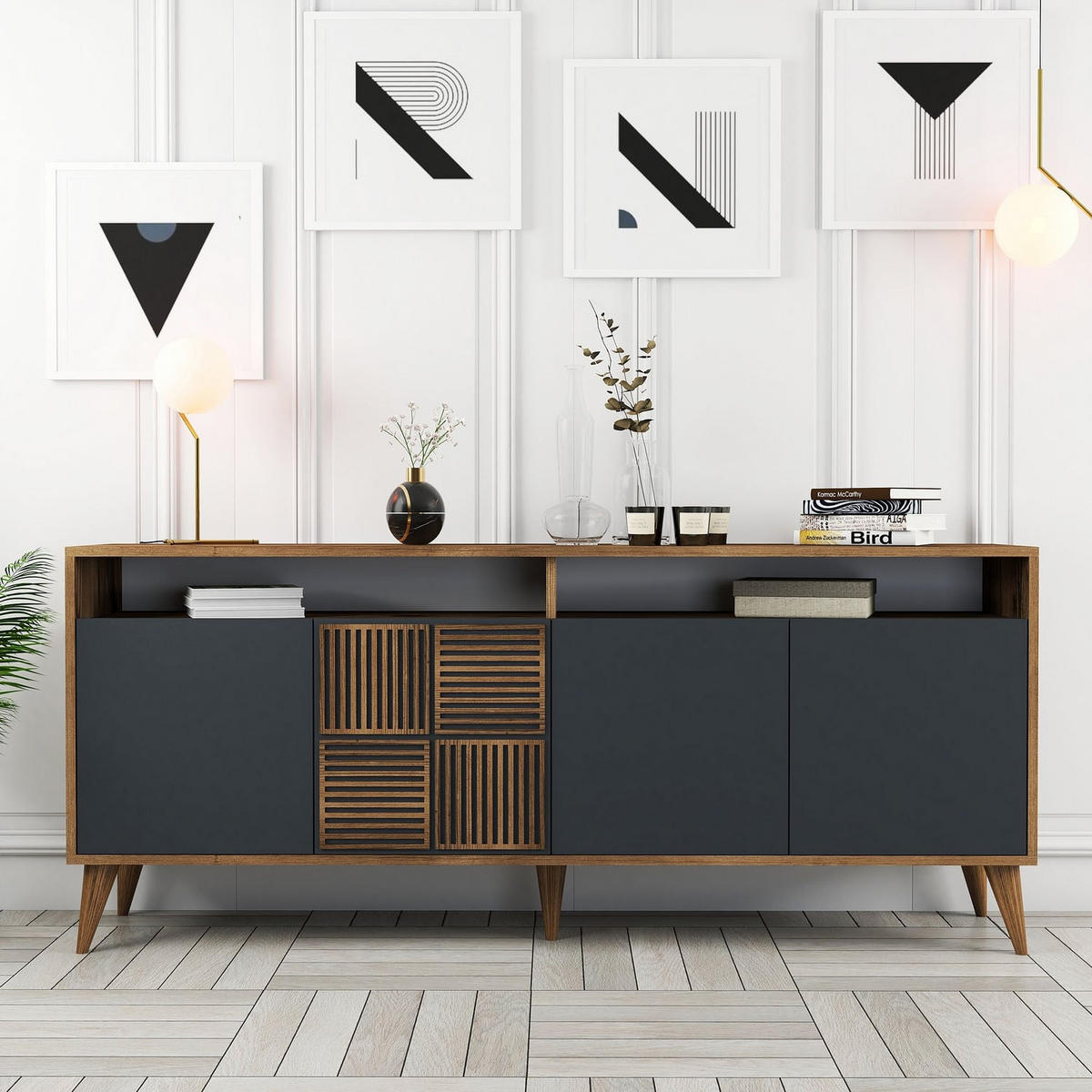 SIDEBOARD 4 Türen L180 cm - Milan - Wildeiche/Anthrazit, Holzwerkstoff (35/78.6/180cm) - Calicosy