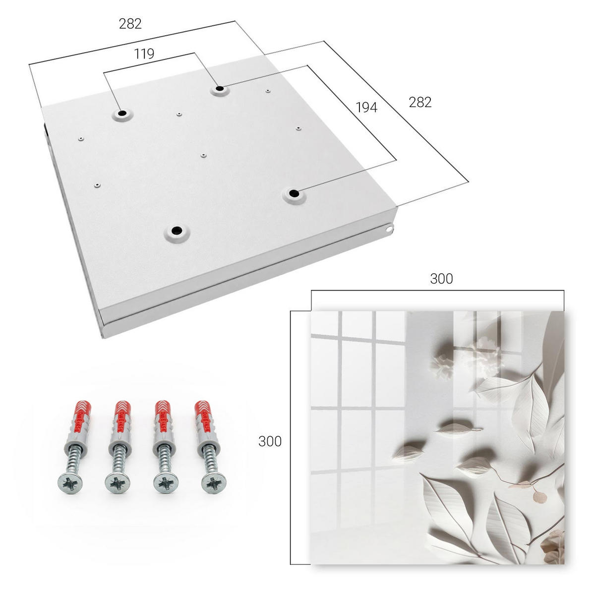SCHLÜSSELBOX Weiß 30x30 cm – Türöffnung nach rechts - Weiße Blätter - Weiß, Metall (30/30/5cm) - TULUP