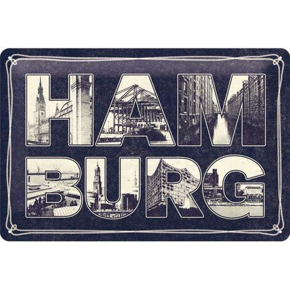 BLECHSCHILD 20/30 cm Hamburg Bilder, Buchstaben & Tau - Multicolor, Metall (30/20/0.2cm) - Nostalgic-Art