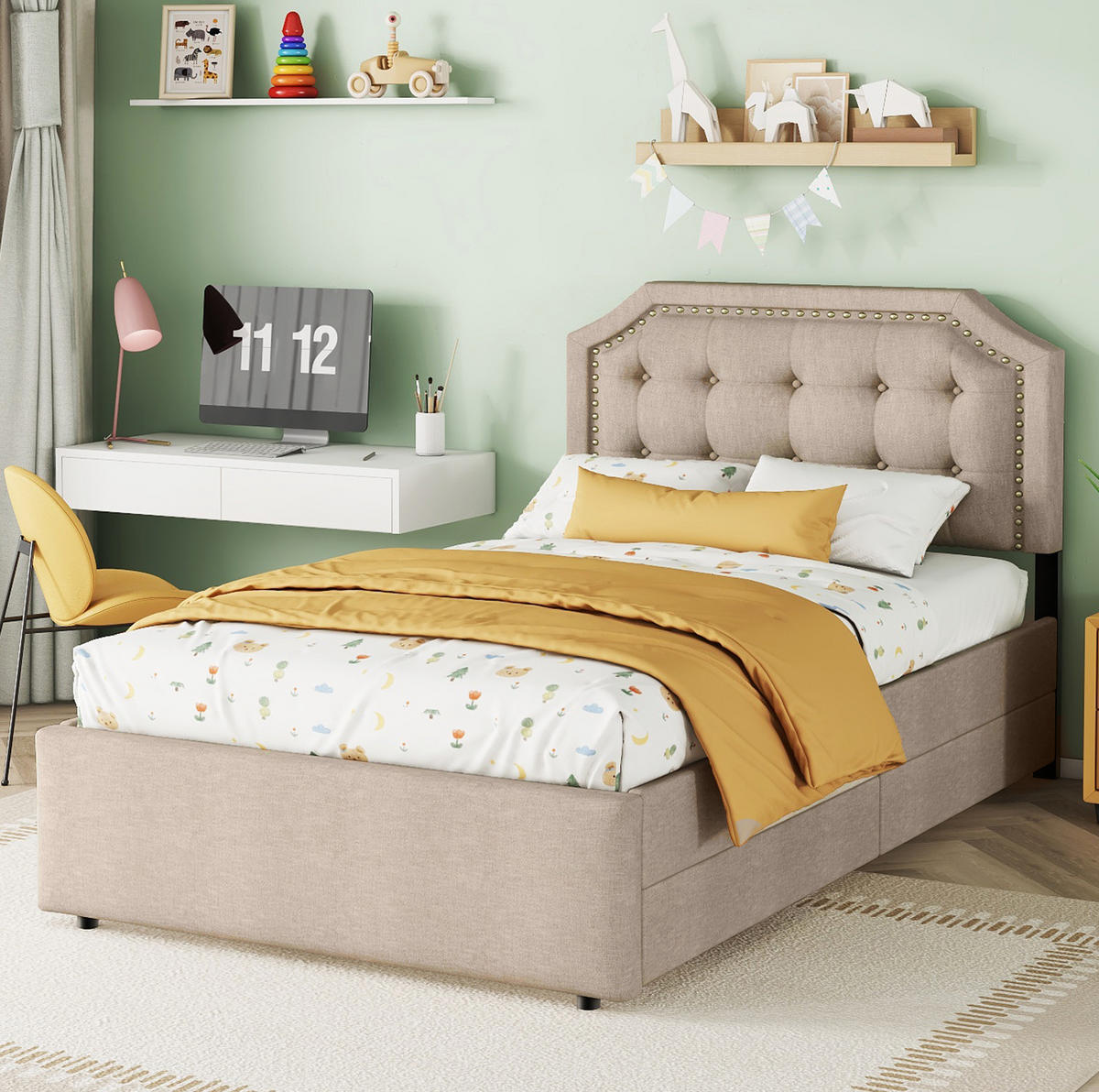 POLSTERBETT aus Leinen und MDF 90x200 cm in Dunkelbeige mit 2 Schubladen - Beige, Textil (90/200cm) - Modfu
