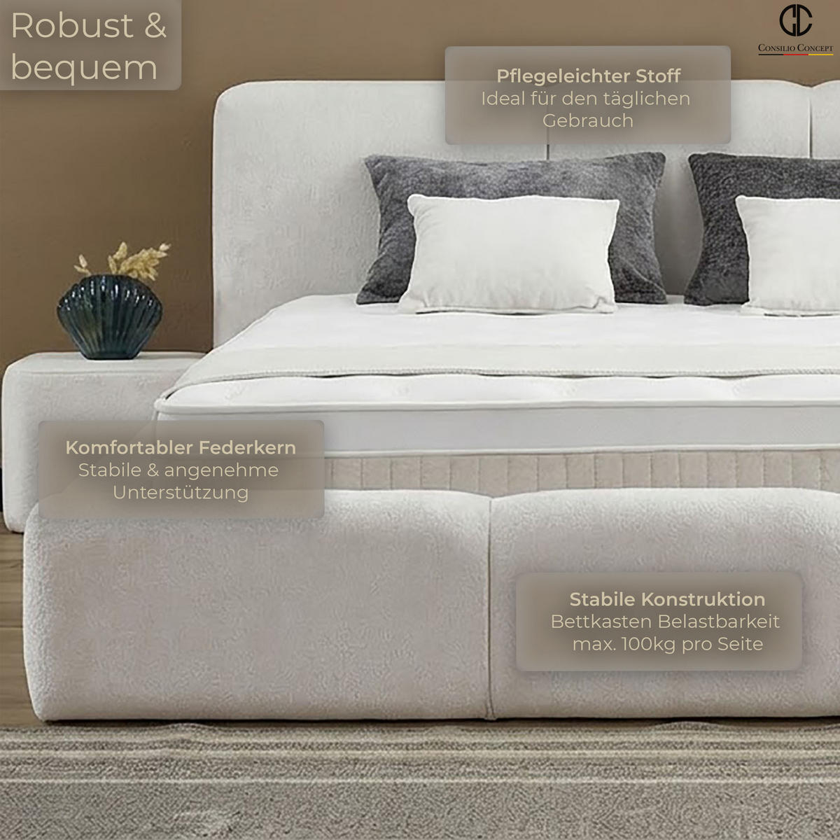 BOXSPRINGBETT MIT BETTKASTEN ELSA 180/200 cm, Ivory, Bettkasten, Matratze, Topper integriert, H3 mittel - Creme/Schwarz, Holz/Kunststoff (180/200cm) - Consilio Concept