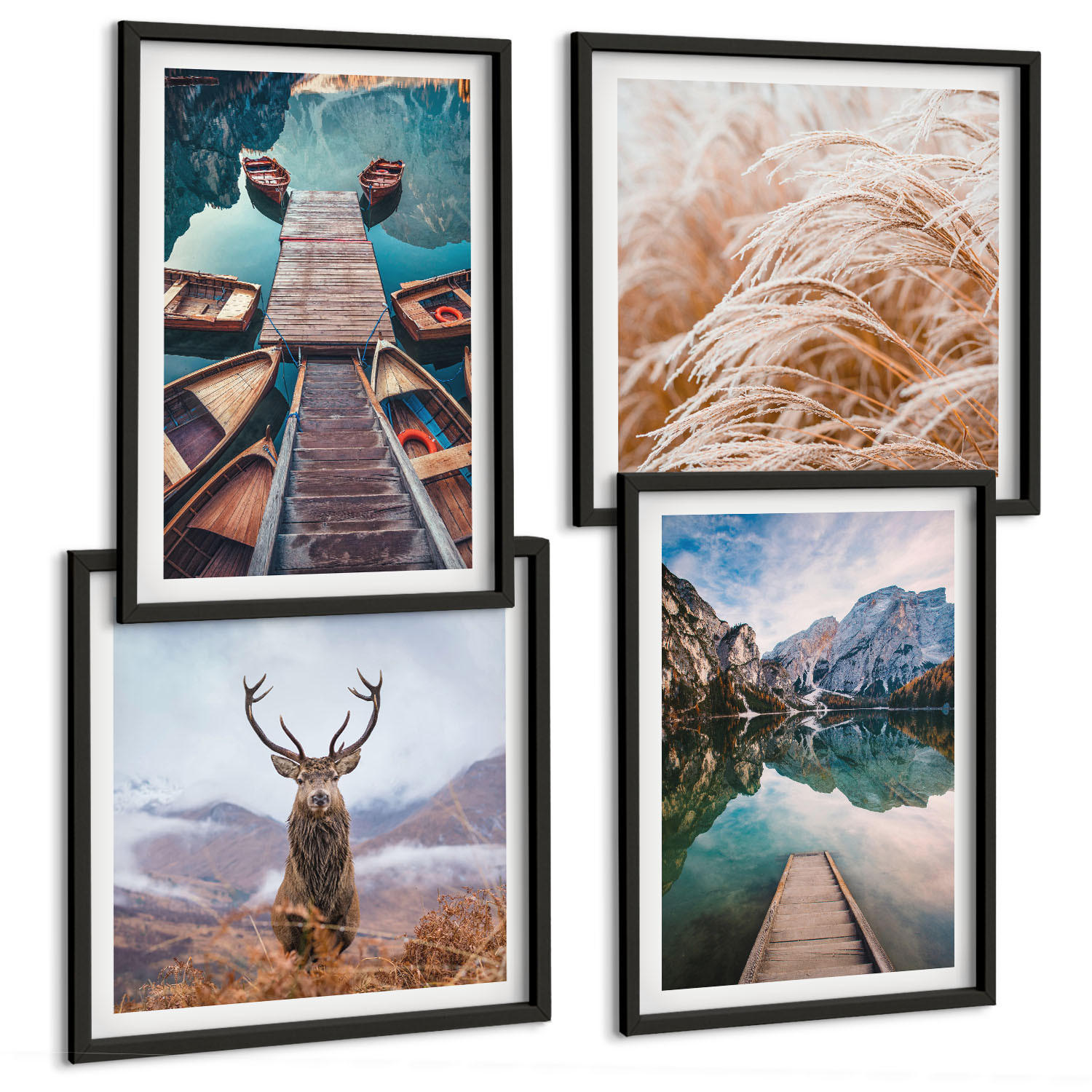 BILDER SET 4er Set - 50x50 cm & 40x60 cm Schwarzer Rahmen - Seeboote Hirsche Berge - Schwarz, Kunststoff (50/50cm) - TULUP