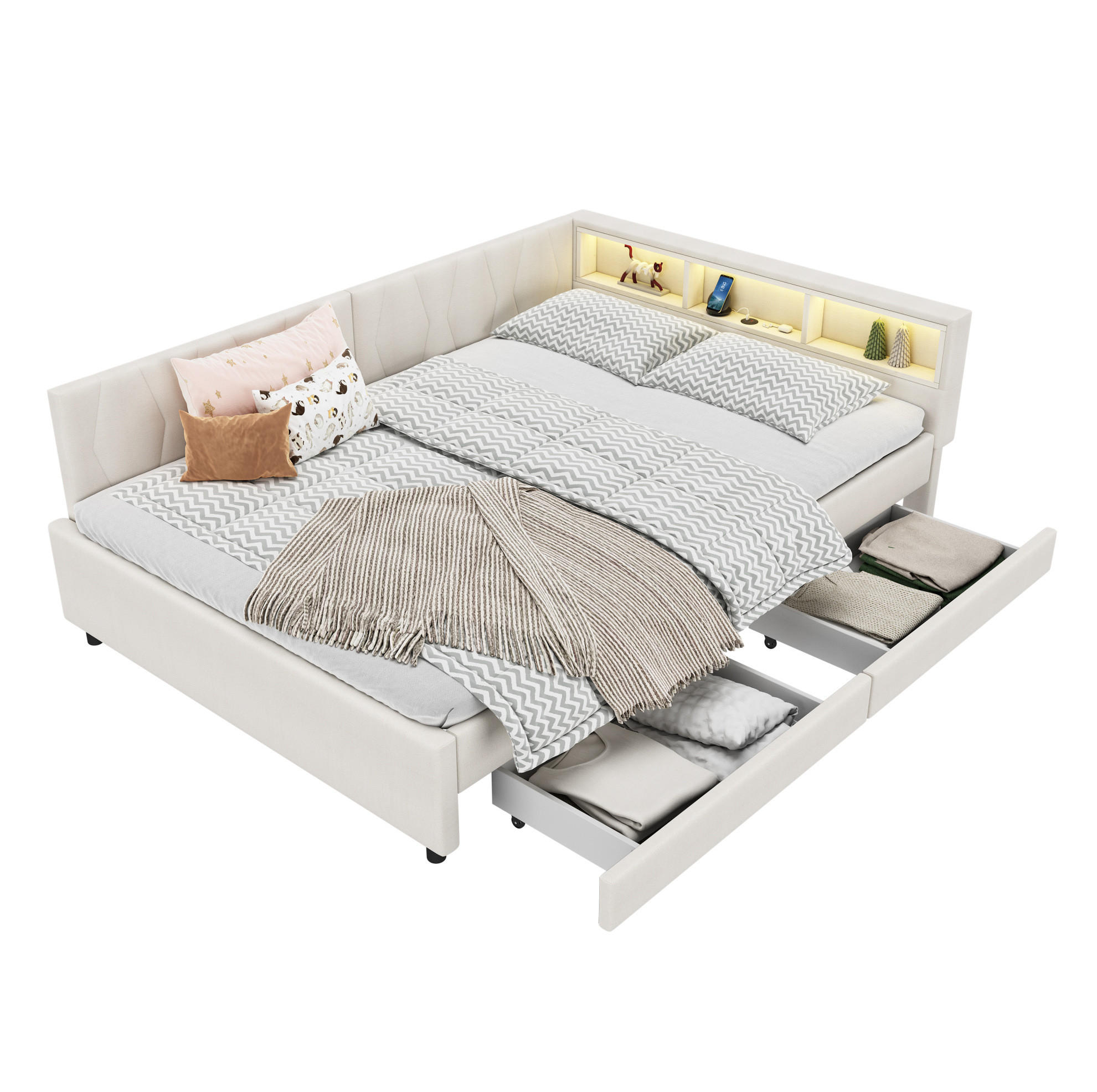 Modfu ČALOUNĚNÁ postel z lnu a MDF 140x200 cm béžová s LED osvětlením, USB+Typ C, šuplíky a odkládacími přihrádkami