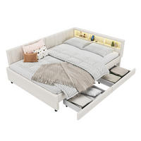 ČALÚNENÁ posteľ z ľanu a MDF 140x200 cm béžová s LED osvetlením, USB/Type C, zásuvkami a úložným priestorom - béžová, textil (140/200cm) - Modfu