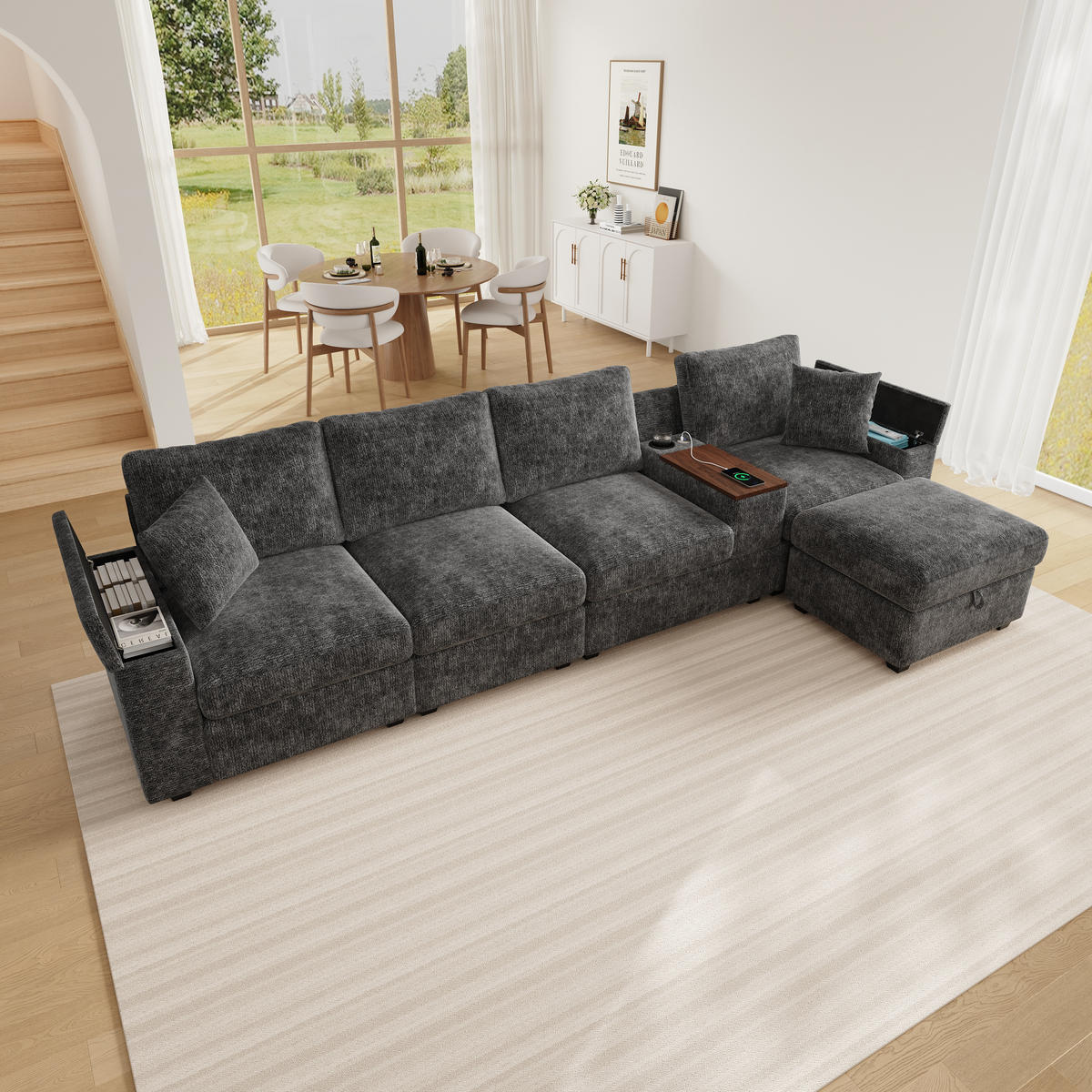 ECKSOFA mit USB/Type-C, Stauraum und drehbarem Couchtisch - Grau, Textil (313/147cm) - EVRYAE