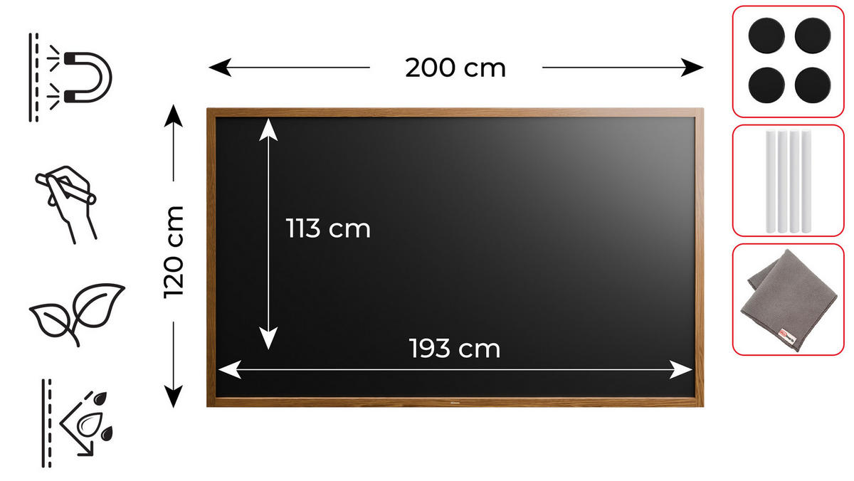 SCHWARZE magnetische Kreidetafel mit Holzrahmen 200x120cm - Braun, Holz (200/120/2cm) - ALLboards