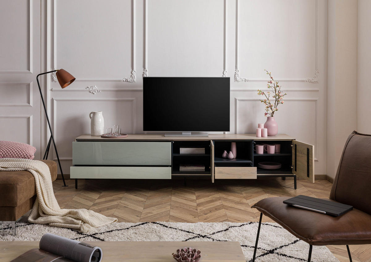 TV-BOARD Akazie 240x45x55 grau-weiß geölt CHICAGO #03 - Braun, Holz (45/55/240cm) - Massivmoebel24