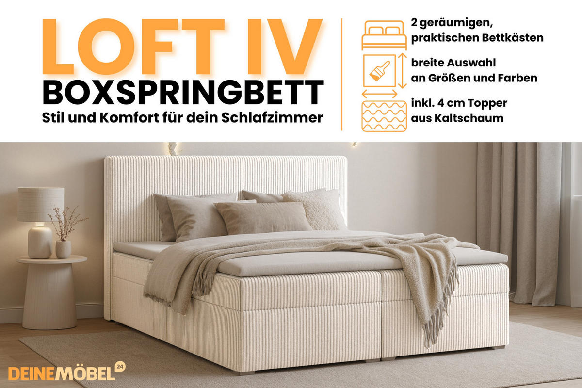 BOXBETT LOFT IV 180/200 Cord Creme mit Bonell-Federkernmatratzen H3 - Creme, Holz/Holzwerkstoff (180/200cm) - Deine Möbel 24
