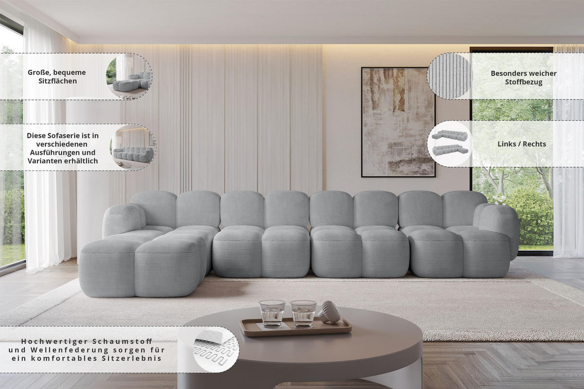 ECKSOFA modulares Sofa Links Miko-L3 390x205x75 Rosa Cord - Schwarz/Rosa, Holzwerkstoff/Kunststoff (390/205cm) - ALTDECOR