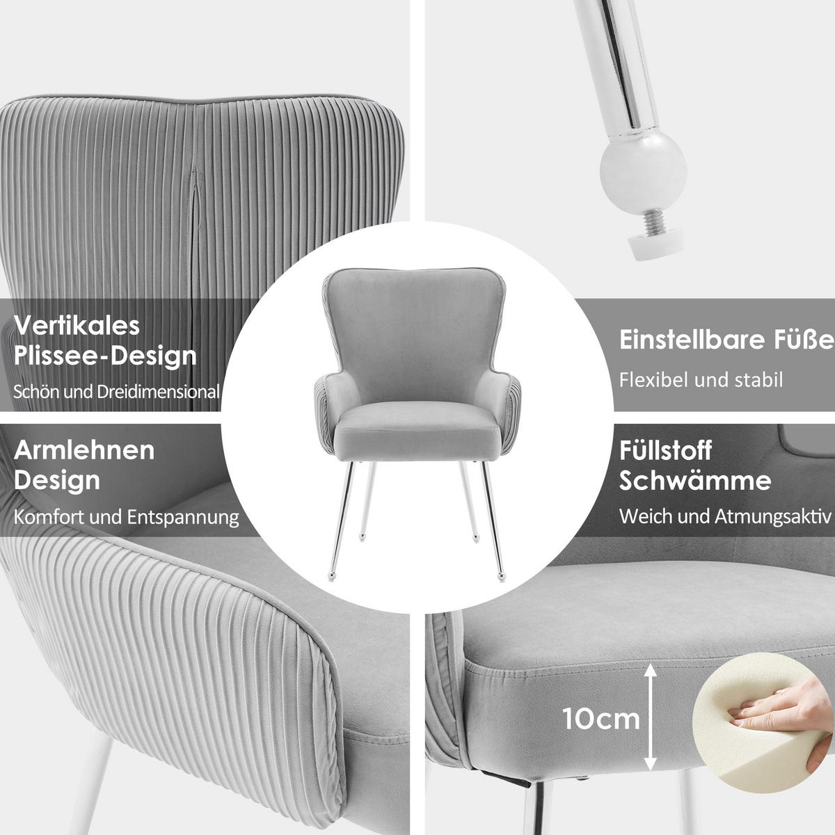 ESSZIMMERSTUHL 2er Set Samt Lounge Grau Silber Armlehnen - Grau, Textil (57.5/88/56cm) - FLIEKS