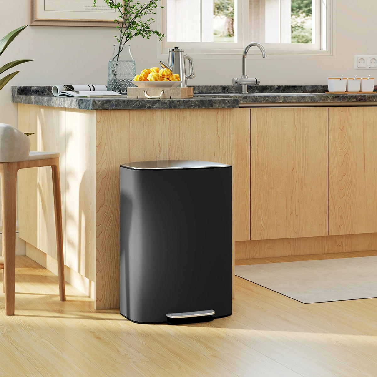 KÜCHENMÜLLEIMER 50L SCHWARZ 45,1/62,6/36,5 cm, Edelstahl, Schwarz, TRETEIMER MIT ABSENKAUTOMATIK, Küche - Schwarz, Metall (36.5/62.6/45.1cm) - Rolipo