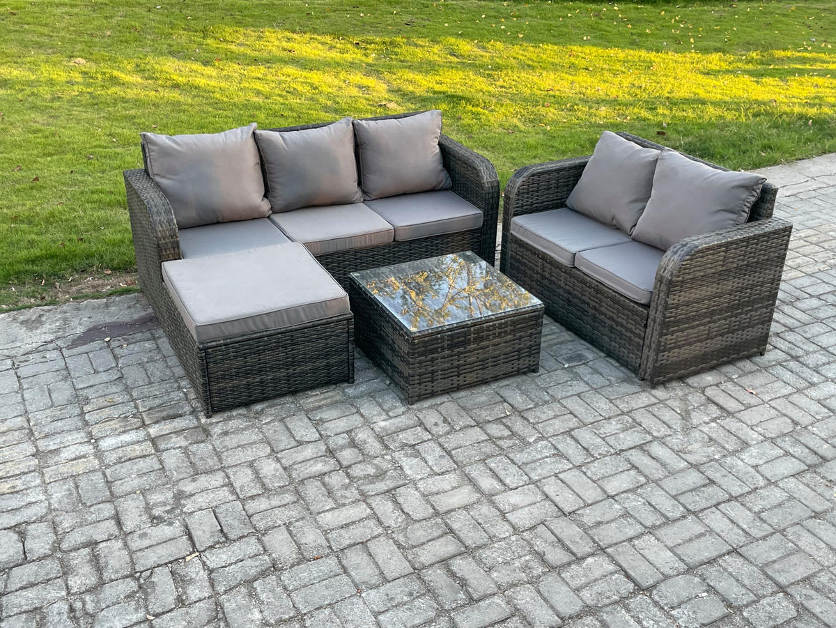 GARTENSOFA SET mit Couchtisch Polyrattan Dunkelgrau 5-teilige - Dunkelgrau/Grau, Glas/Kunststoff - Fimous