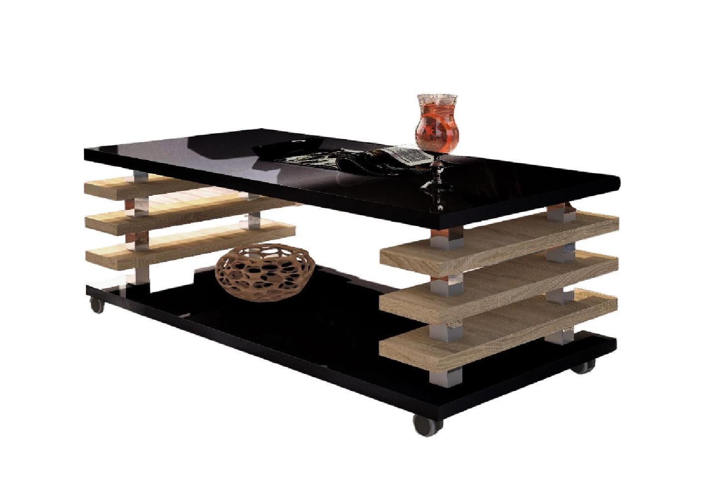 COUCHTISCH rechteckig Schwarz Hochglanz Sonoma Eiche Ablage Rollen - Schwarz Hochglanz/Sonoma Eiche, Holzwerkstoff (60/120/45cm) - designimpex