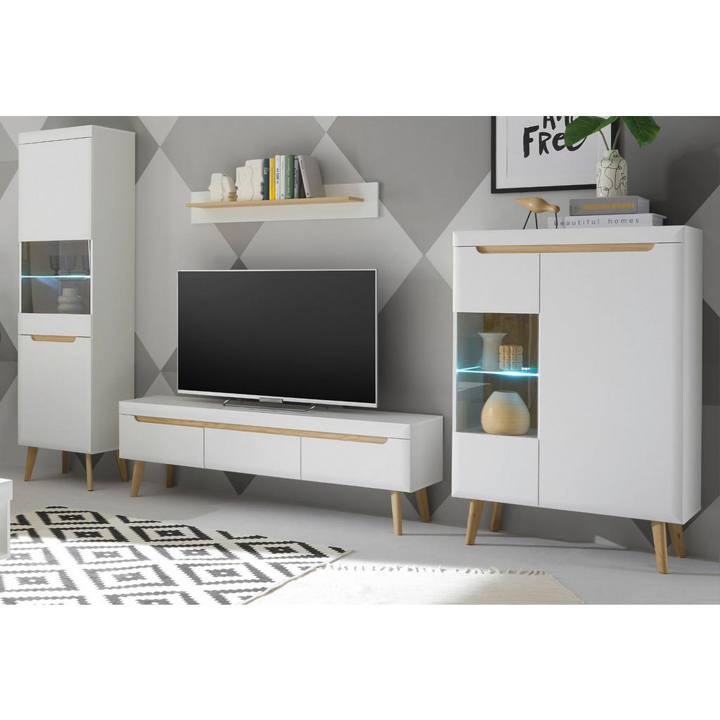Thumbnail - Furn.Design Wohnwand, Weiß, Eiche, Holzwerkstoff, Nachbildung, Echtholz,Eiche, Holz Optik, Uni, 6 Fächer, 3 Schubladen, ...