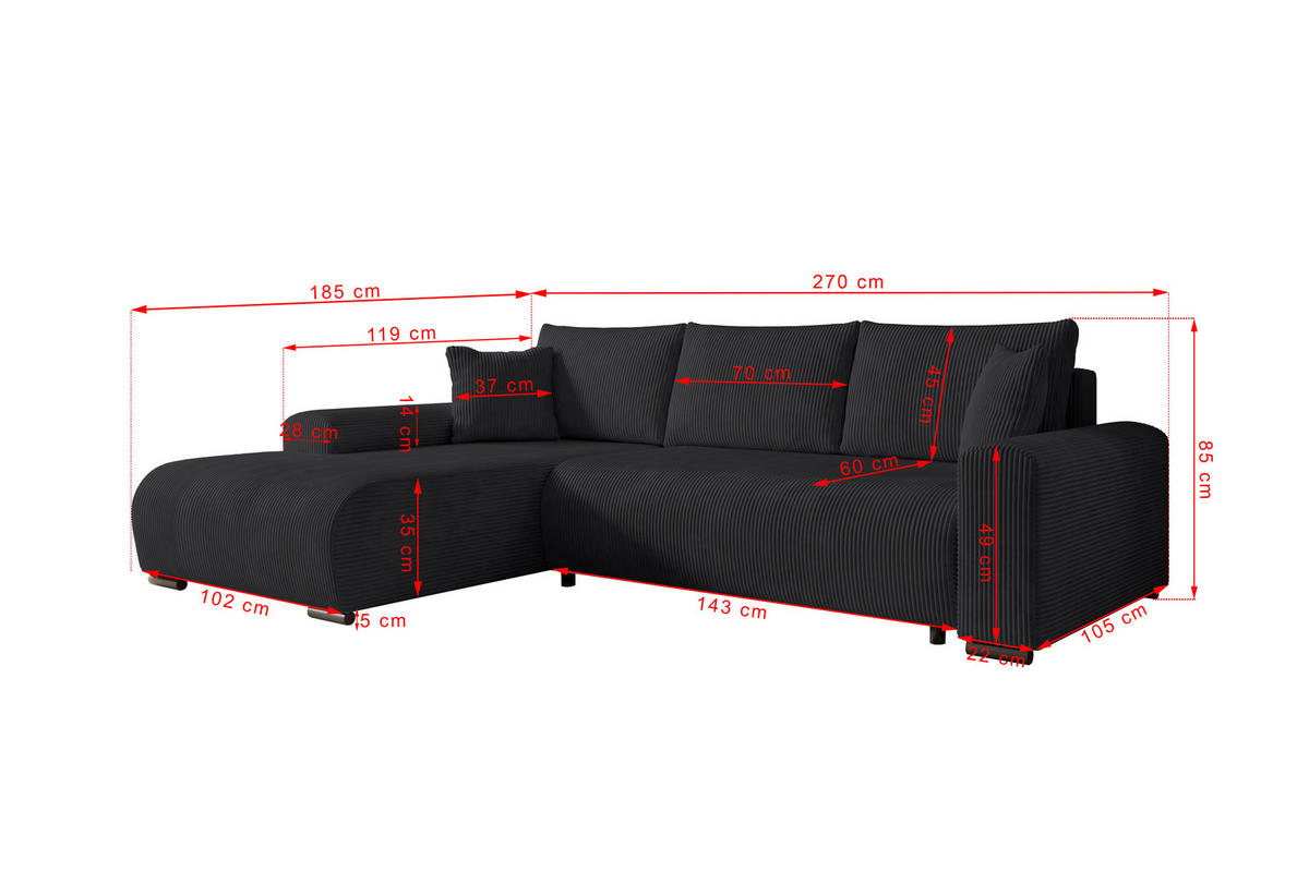 ECKSOFA Nelly mit Bettkasten und Schlaffunktion, Cordstoff in L-Form - Schwarz, Textil (270/185cm)