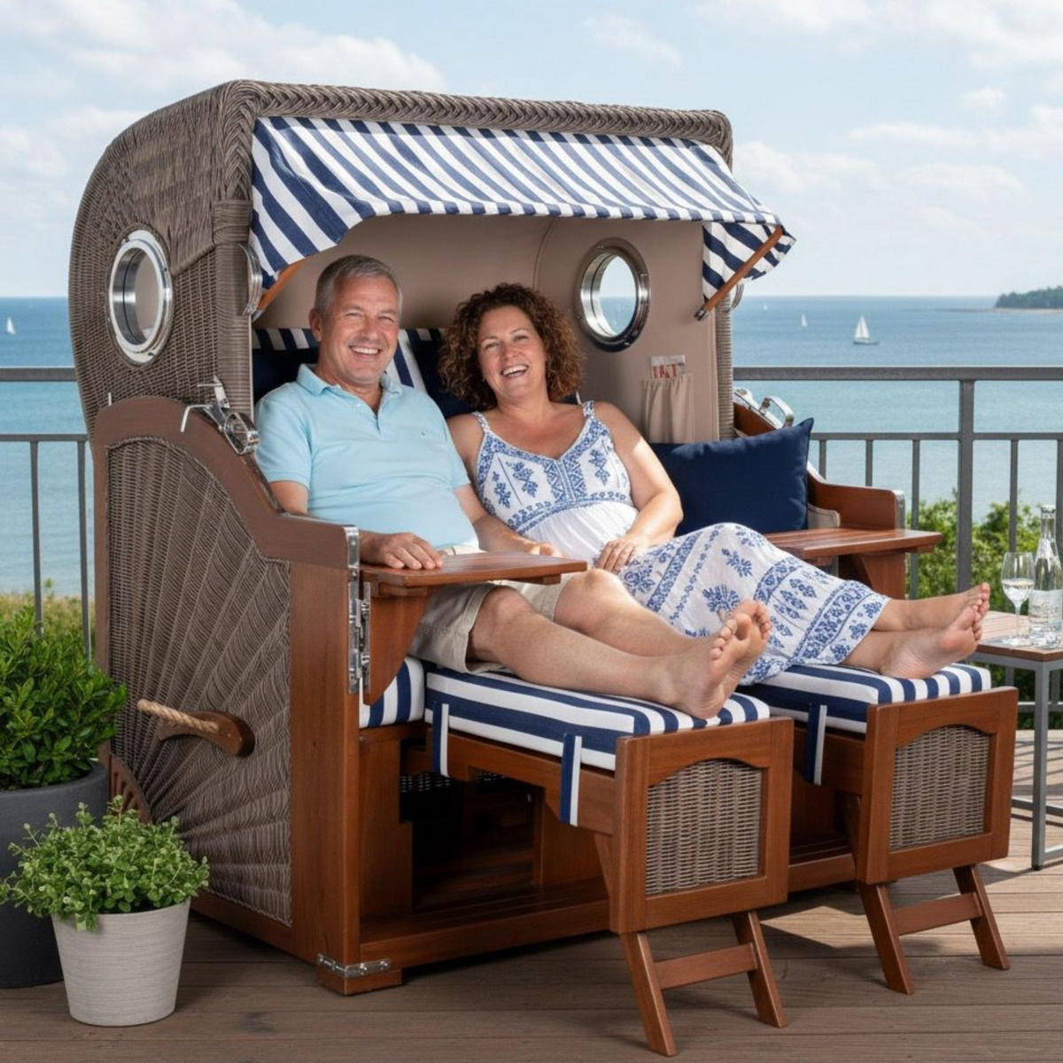 STRANDKORB XXL Düne Grande 2,5 Sitzer - Blau/Braun, Metall (142/170/95cm) - Mr. Deko