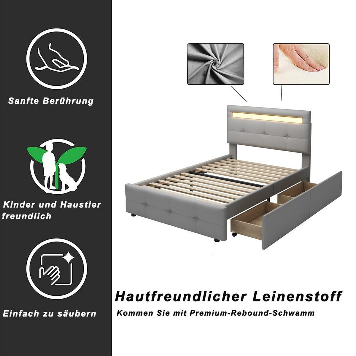 BETT 90x200 GRAU, LED, 2 SCHUBLADEN, LEINEN - Grau, Holzwerkstoff (90/200cm)