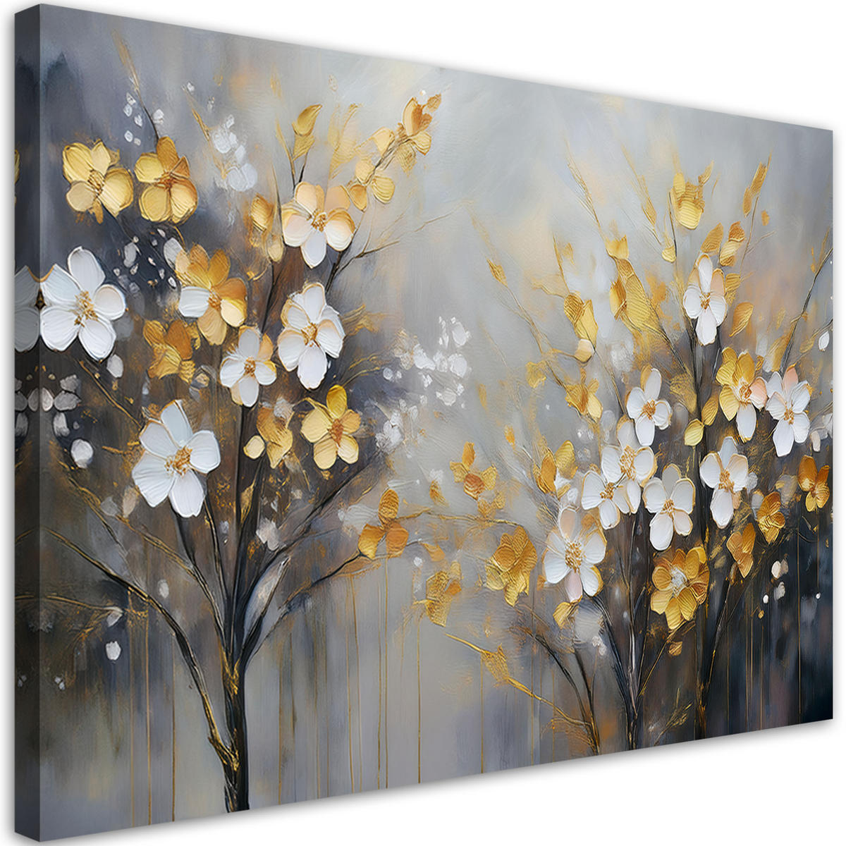 WANDBILD abstrakter baum mit goldenen blumen - Grau, Textil (60/40cm) - Feeby