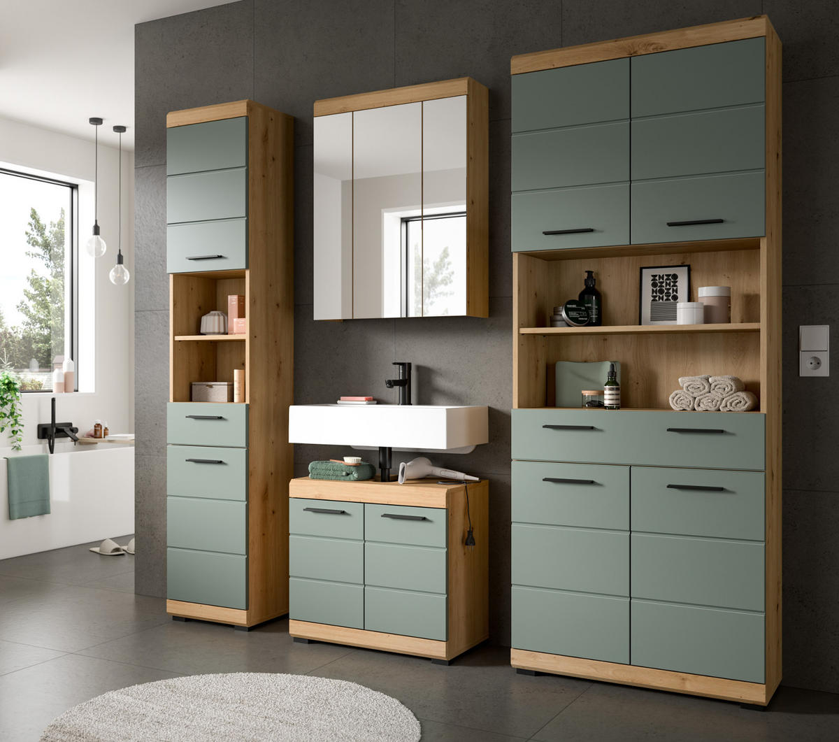 HOCHSCHRANK Salbei grün, Eiche Artisan 74 cm, Badschrank mit 6 Fächern - Salbeigrün/Schwarz, Holzwerkstoff/Kunststoff (74/191/31cm) - Inn.Furn