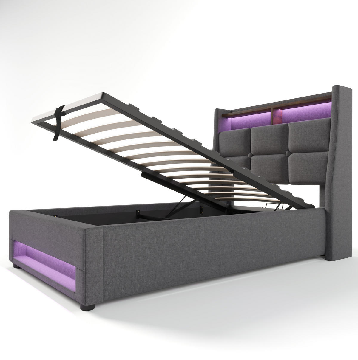 POLSTERBETT 90/200 cm Grau aus Leinen mit LED und USB - Grau, Textil (90/200cm) - OKMYHOME