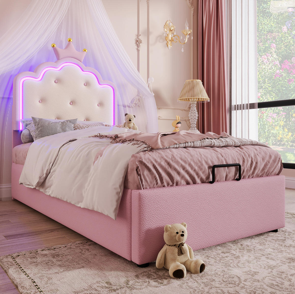POLSTERBETT 90/200 cm aus PU mit LED-Ambientelicht und hydraulischem Stauraum Rosa - Pink, Kunststoff (90/200cm) - Modenvie