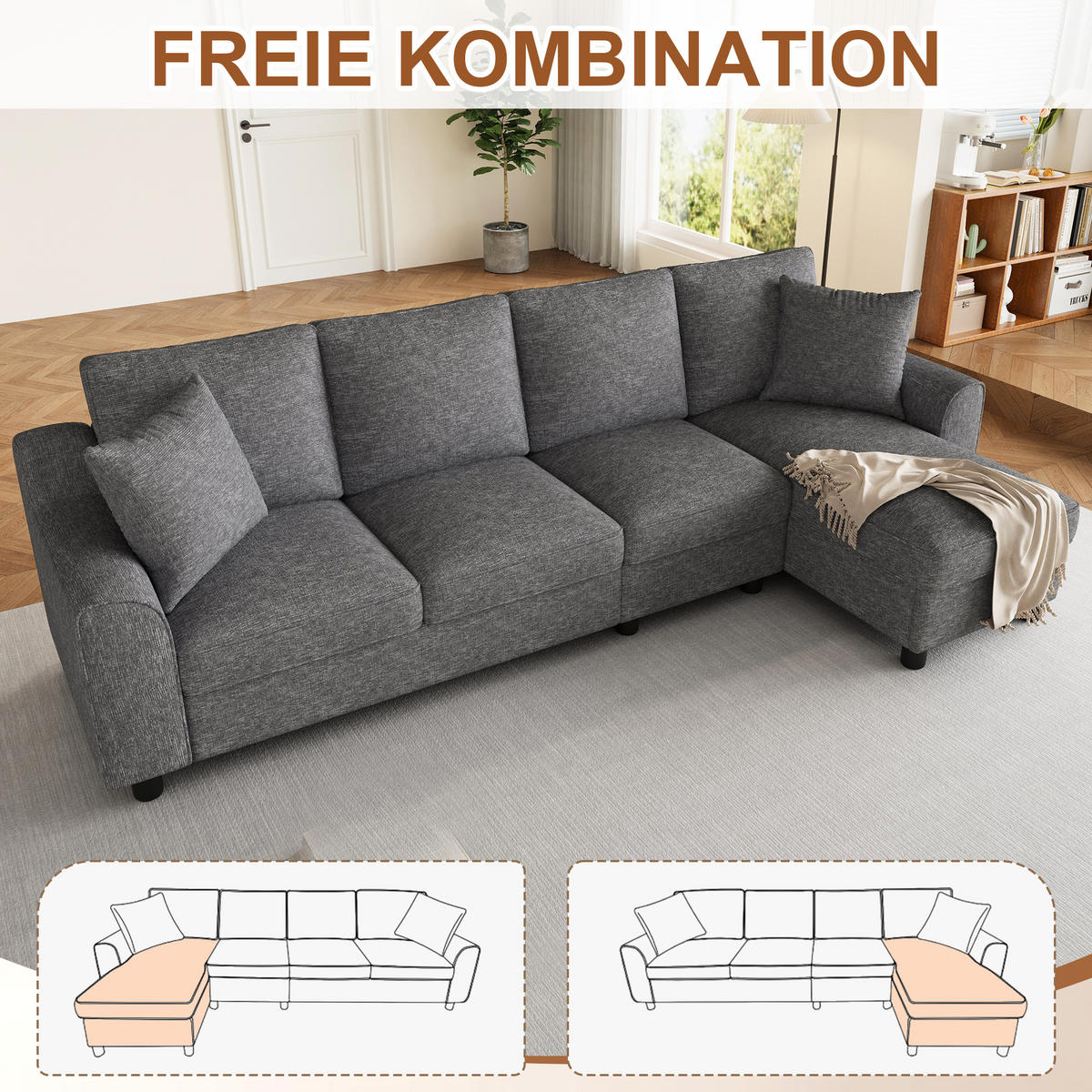 ECKSOFA 280/136/82 cm Grau mit aufklappbarem Stauraum und klappbare Rückenlehne mit Getränkehaltern - Grau, Textil (136/82/280cm) - Oxeza