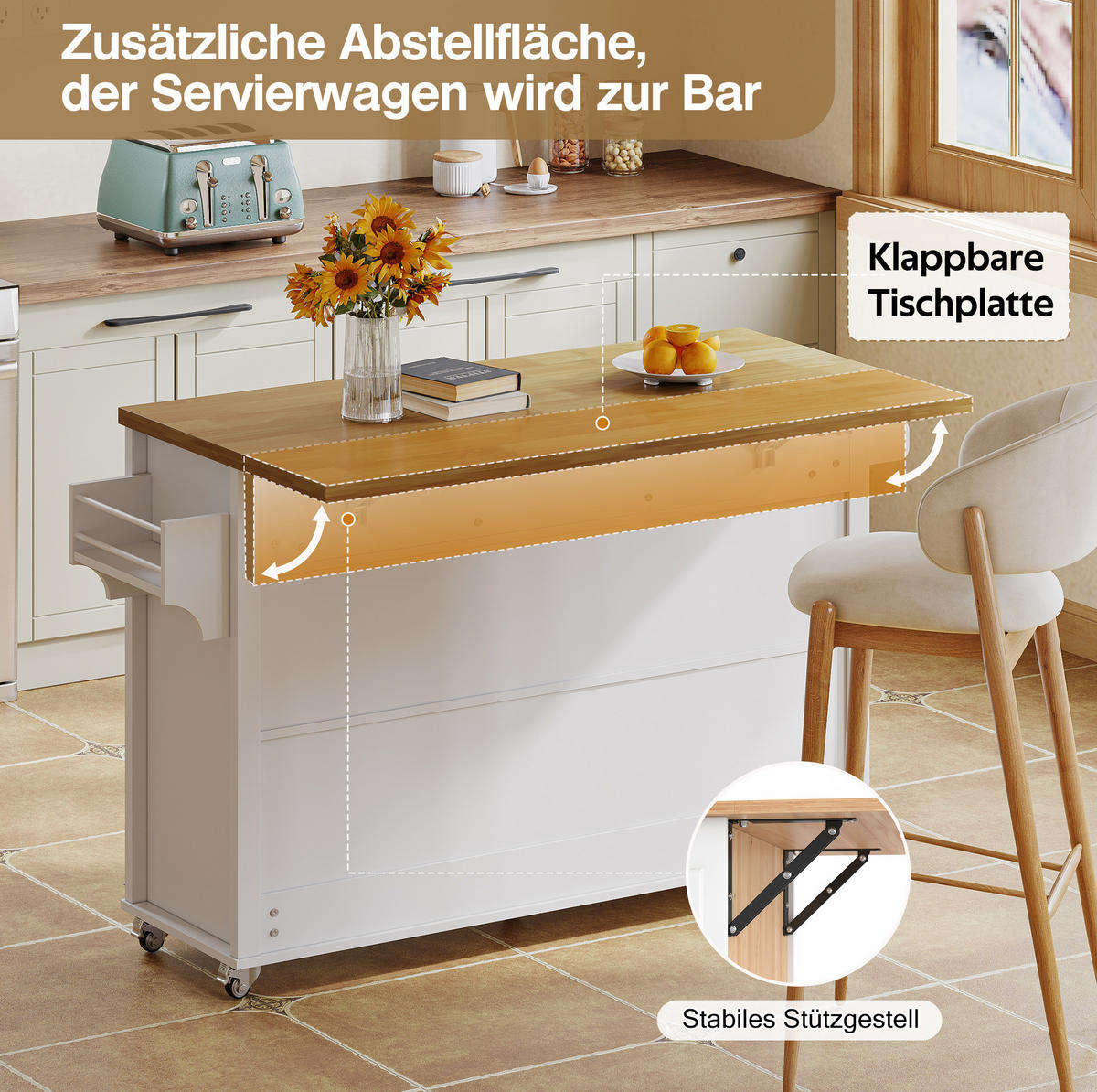 KÜCHENINSEL 140/43(70)/90,5 cm in Weiß/Natur mit klappbarer Arbeitsplatte - Weiß, Holzwerkstoff (140/90.5/70cm) - Flora Grace