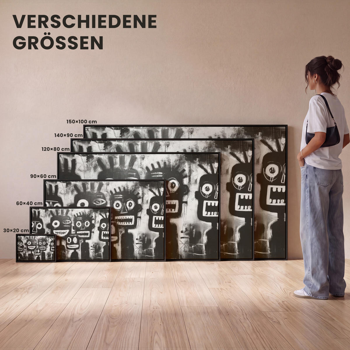 LEINWAND Bilder mit Rahmen - Malerei - Figuren - Schwarz - Abstrakt - 120x80 - Schwarz, Textil (120/80cm) - MuchoWow