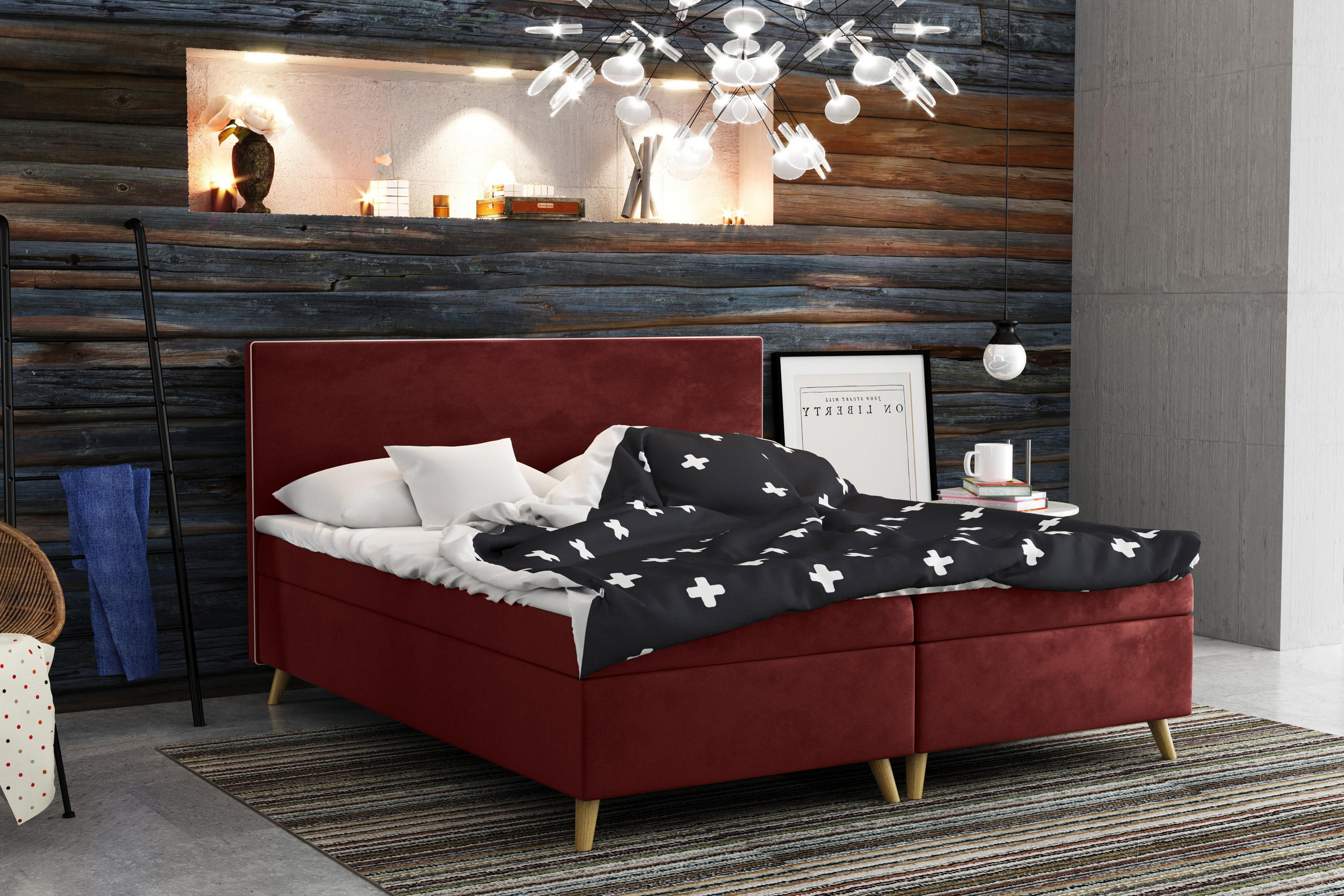 BOXBETT Mit Bettkasten Matratze + Topper BELLA Stoff Riviera Rotwein 200x200 cm H3-Bonell - Rot, Holz (200/200cm) - Kaiser Möbel