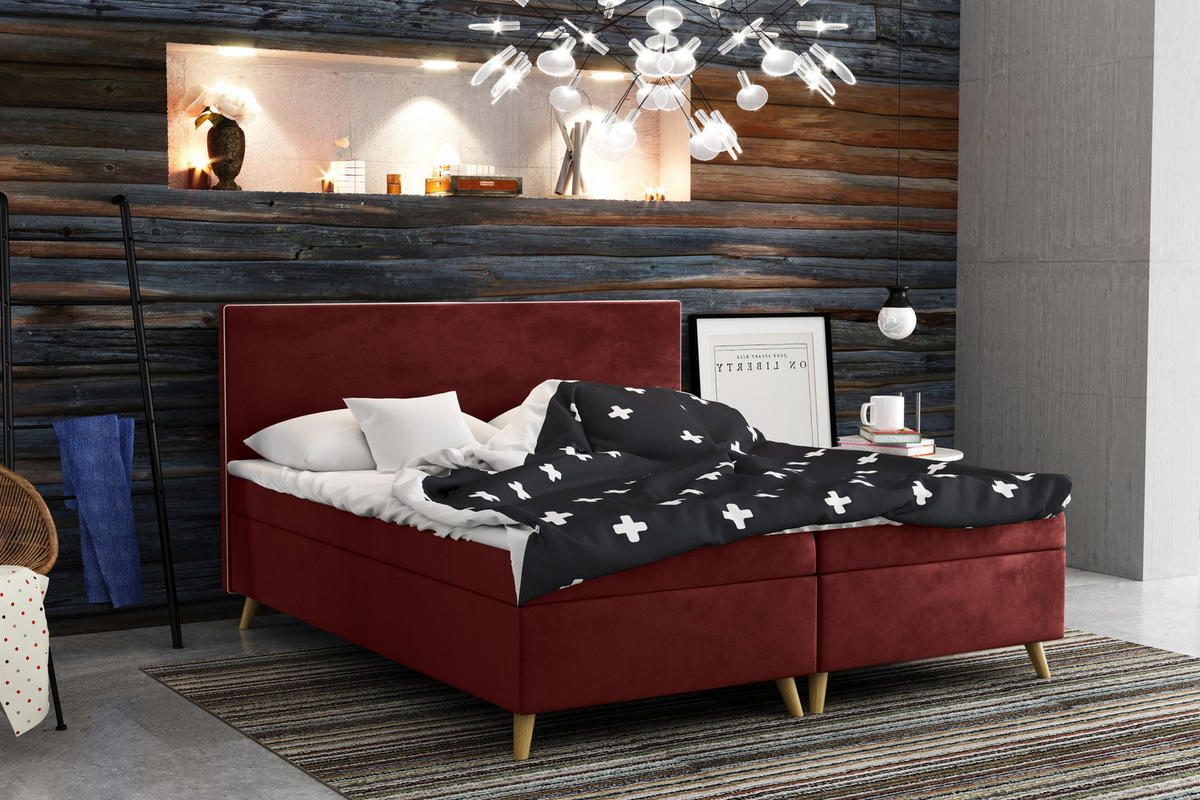 BOXBETT Mit Bettkasten Matratze + Topper BELLA Stoff Riviera Rotwein 180x200 cm H3-Bonell - Rot, Holz (180/200cm) - Kaiser Möbel