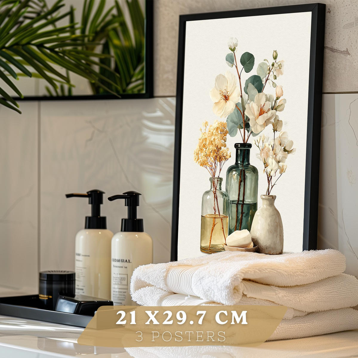 PLAKÁT Sada 3 dekorativních koupelnových tisků, přírodní lázeňský styl Černý rám A4 - černá, papír (29.7/21/3cm) - Nacnic