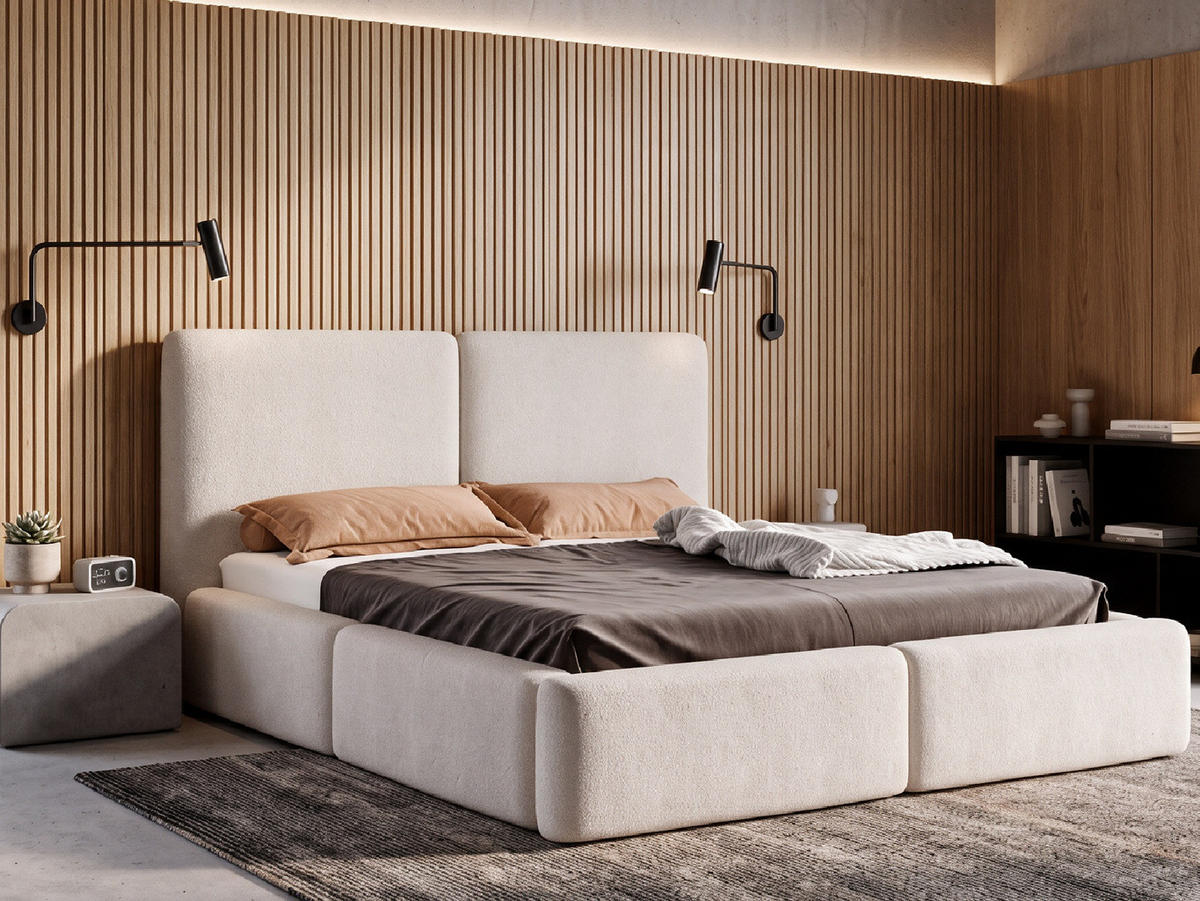 POLSTERBETT LIVIA 200x200 cm mit Bettkasten, Stauraum und Metall-Lattenrost – Bouclé Stoff Creme - Creme/Schwarz, Textil/Metall (200/200cm) - Luxkor24