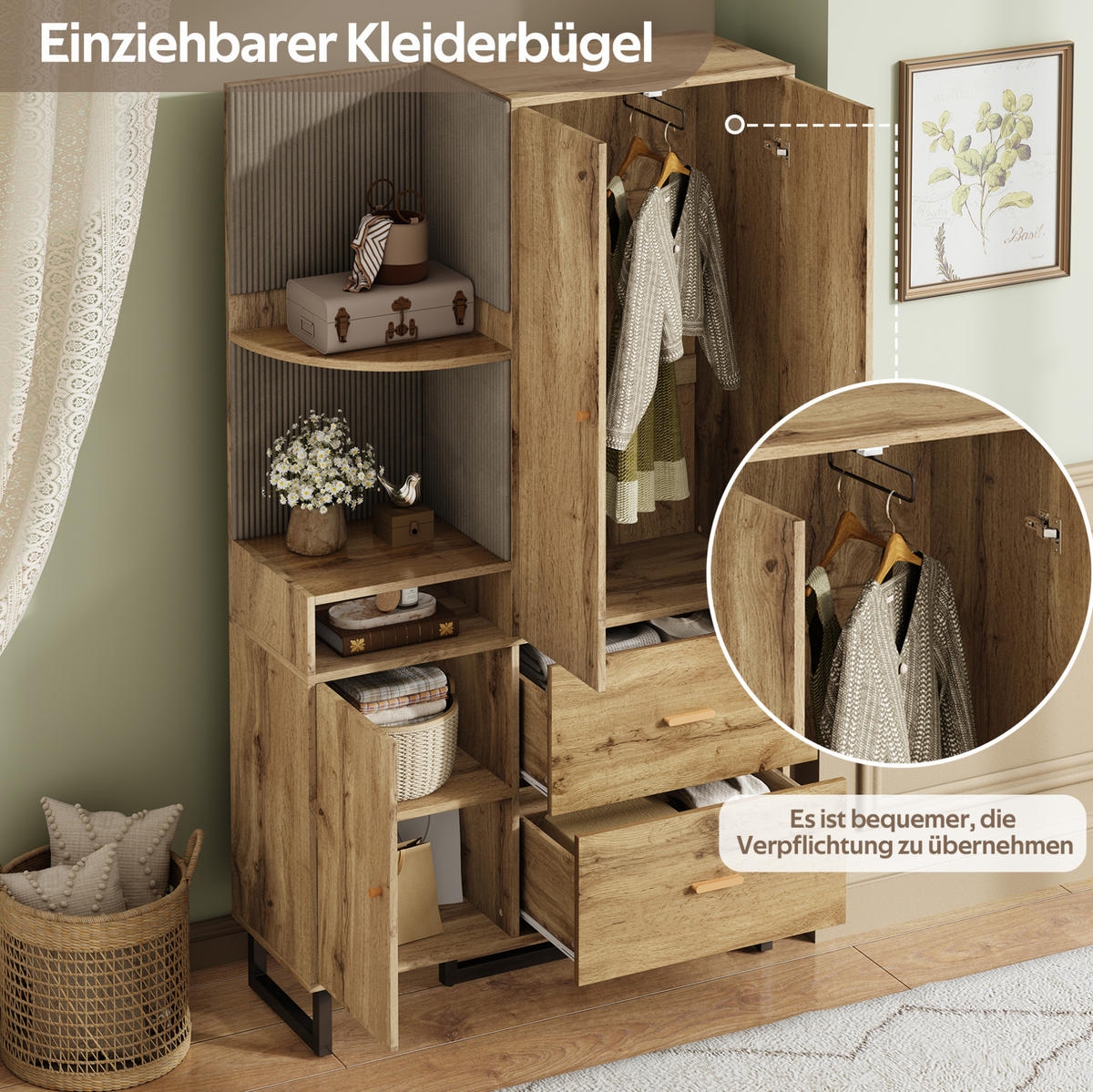 GARDEROBE 110/186/38 cm Schwarz/Natur aus MDF mit Schubladen - Naturfarben, Holzwerkstoff (38/186/110cm) - OKMYHOME